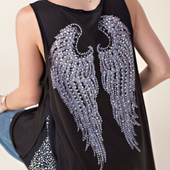 Sleeveless Top with Wing Print and Stones  #90-1 - Picture 6 of 9